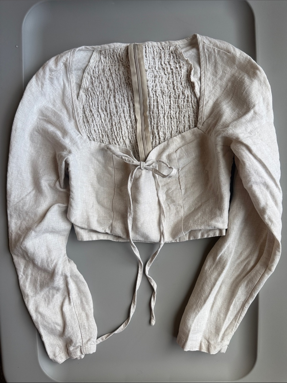 Smocked Cream Linen Tie-Front Crop Top